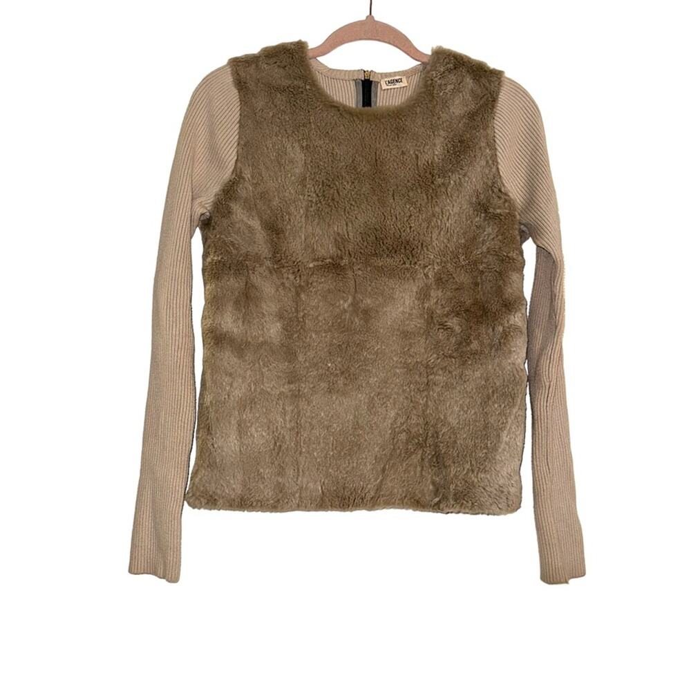 L’AGENCE Real Rabbit Fur Mix Media Ribbed Sweater Top M/L